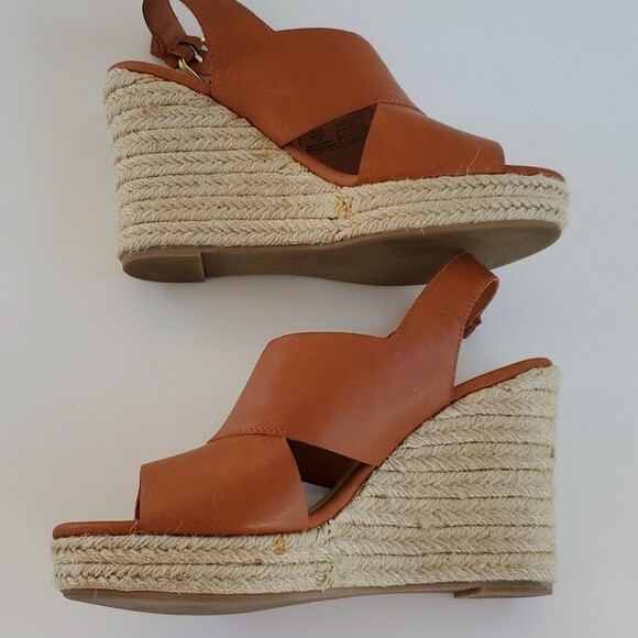 LANDS' END PLATFORM WEDGE SANDALS ESPADRILLES SHOES HONEY BROWN LEATHER SIZE 8 - Picture 2 of 7